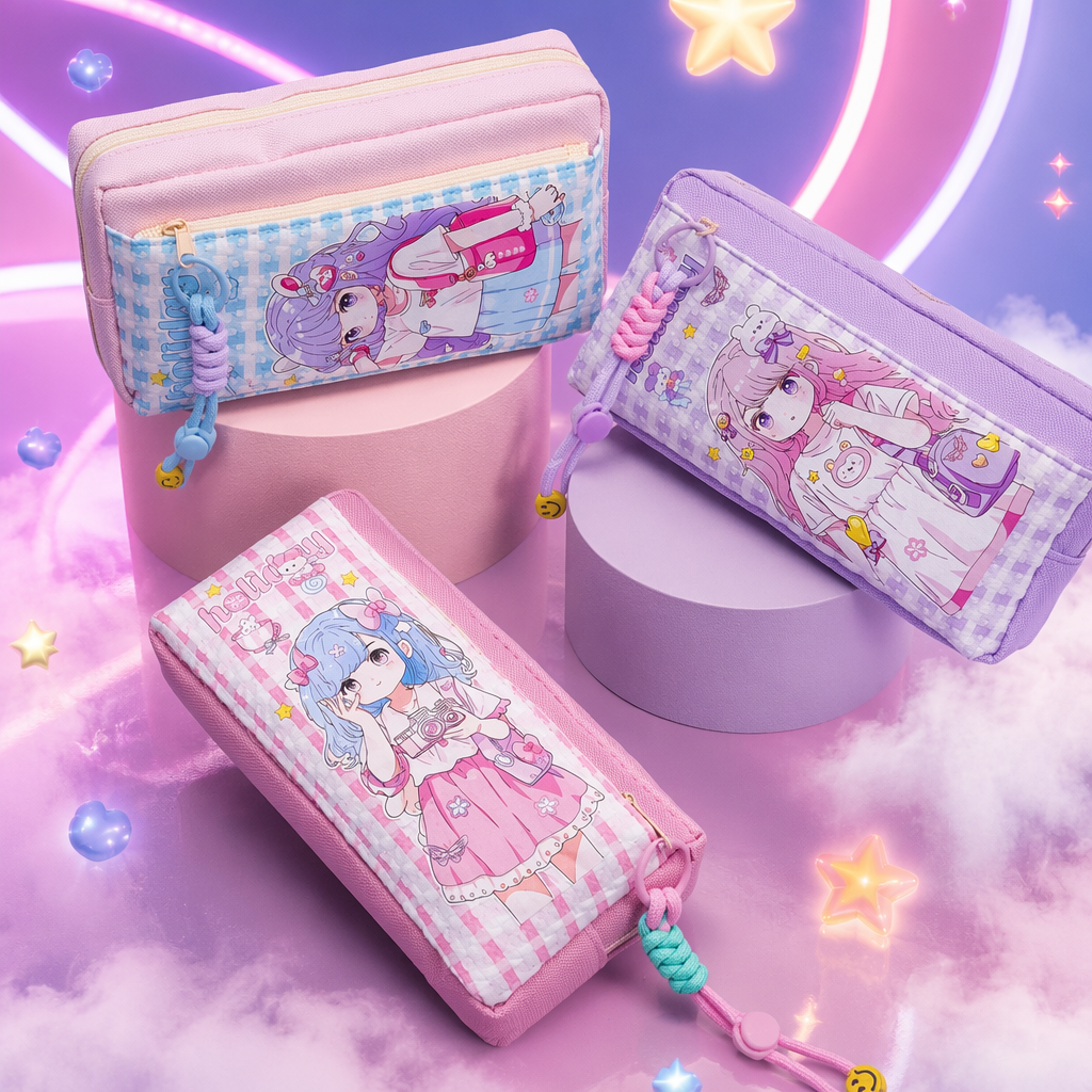 Pink and purple cartoon stationery bag with pendants, books, small ornaments and a side storage bag Specification image