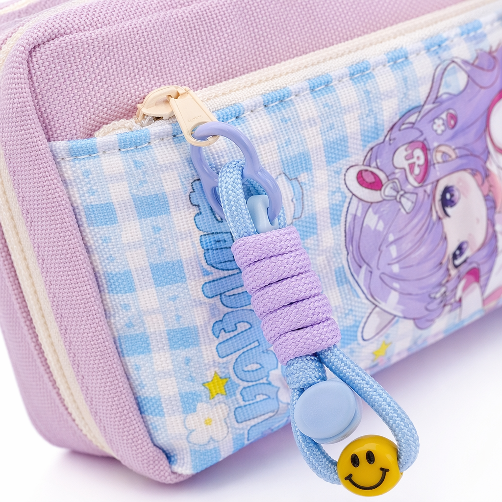 Pink and purple cartoon stationery bag with pendants, books, small ornaments and a side storage bag Application Scenario