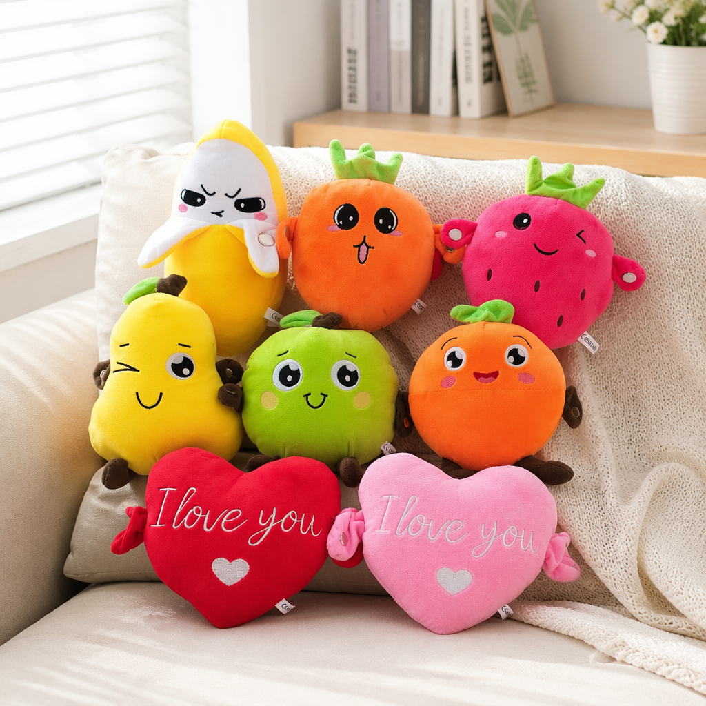 Colorful fruit-shaped plush toys and heart-shaped throw pillows are cute and soft home decorations details Picture