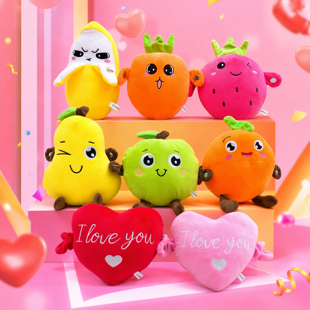 Colorful fruit-shaped plush toys and heart-shaped throw pillows are cute and soft home decorations Specification image