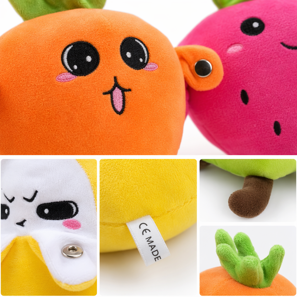 Colorful fruit-shaped plush toys and heart-shaped throw pillows are cute and soft home decorations Application Scenario