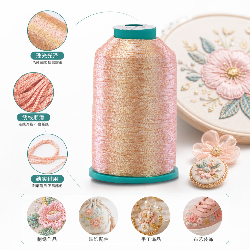 High-gloss reflective gold and silver thread for sewing and embroidery with pink bright silk spool
