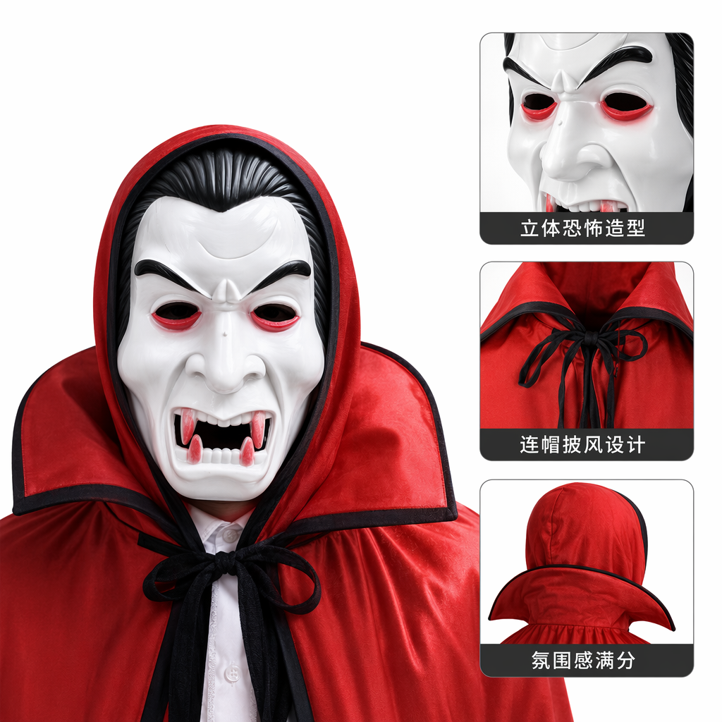 白色面具配红色头饰黑色眉毛张嘴露齿带绿色假发