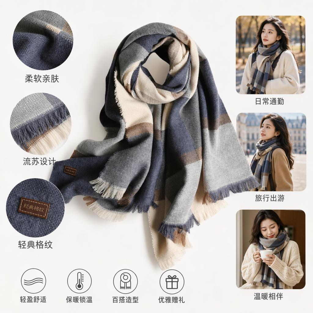 This checkered scarf is made of pure cotton and cashmere blend for both men and women, providing warmth in autumn and winter. It is fashionable and versatile