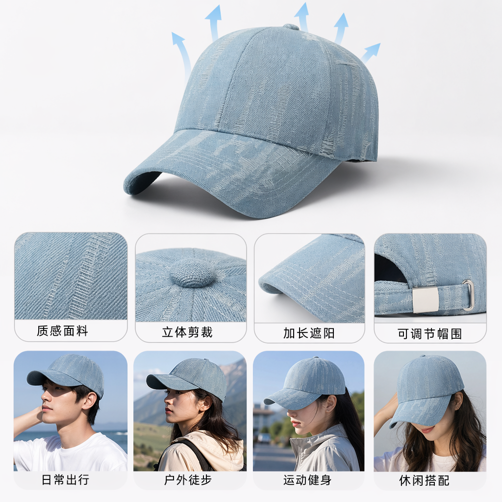 浅蓝色牛仔质感棒球帽男女通用休闲百搭可调节