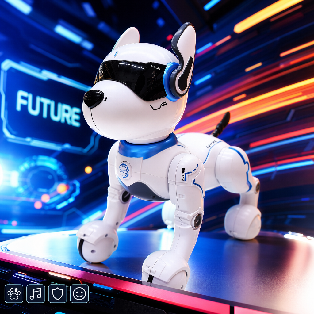 White robot dog, intelligent interactive pet toy, programmable remote control bionic mechanical dog Specification image