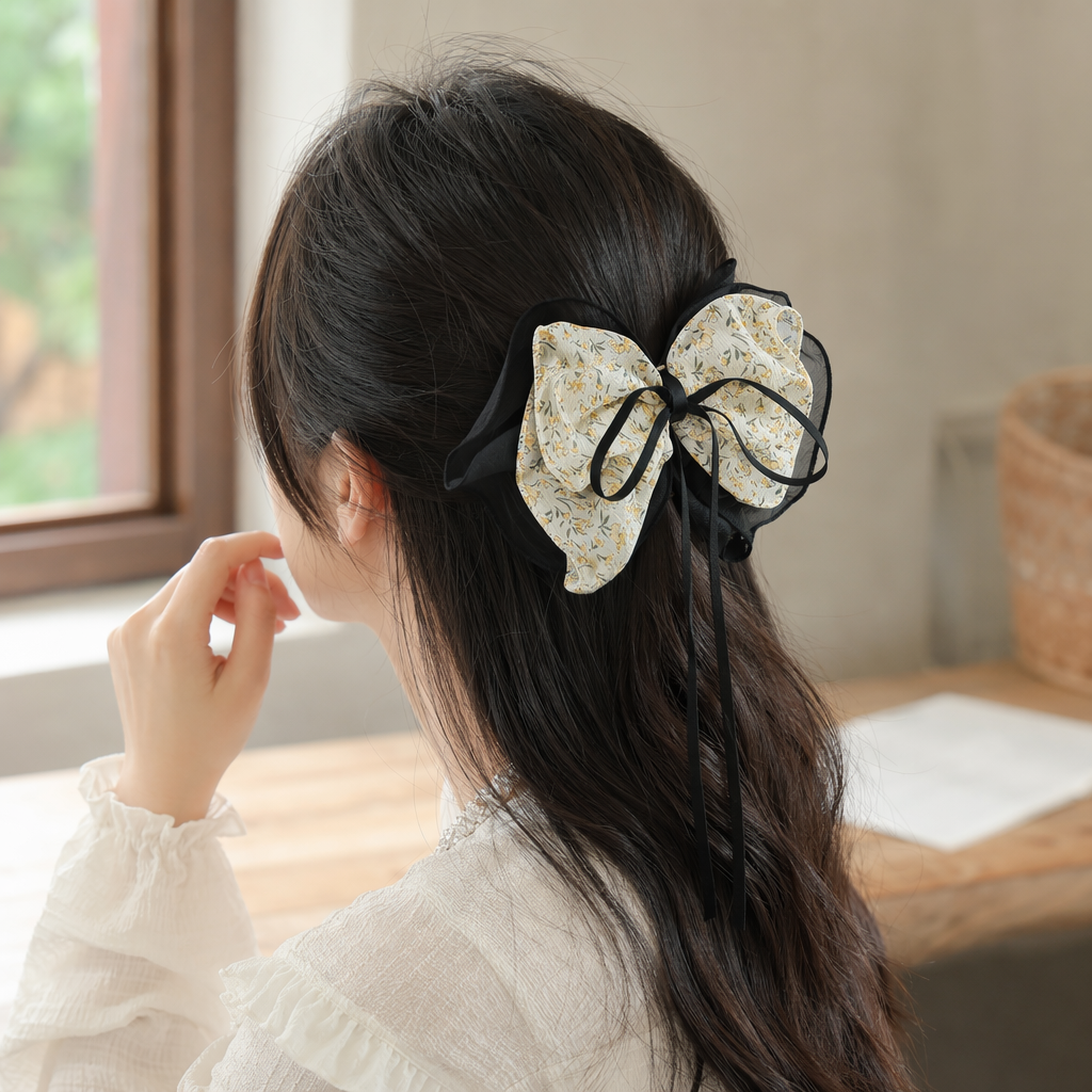 Black floral and beige floral double bow hair accessory with black mesh edge ribbon tail details Picture