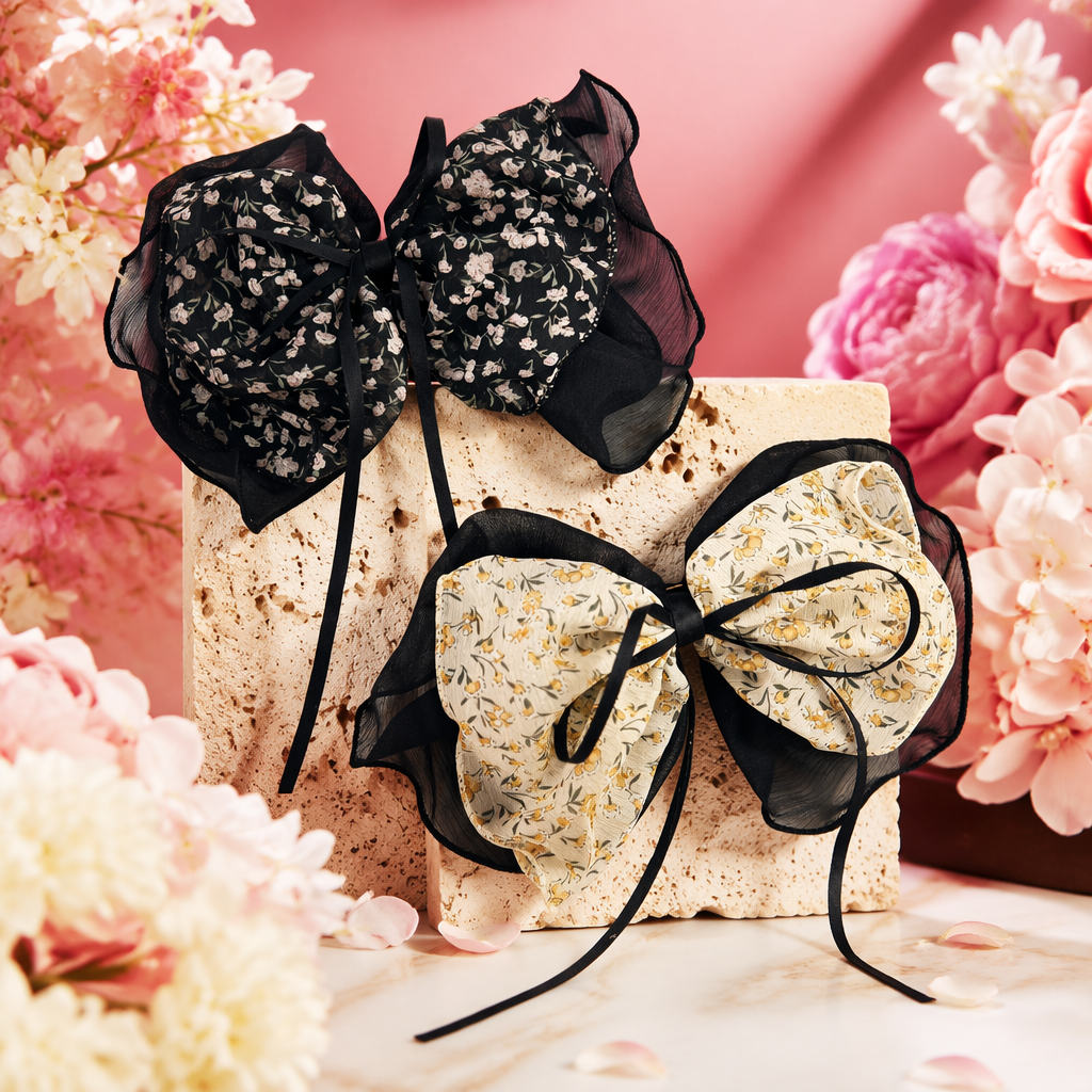 Black floral and beige floral double bow hair accessory with black mesh edge ribbon tail Specification image
