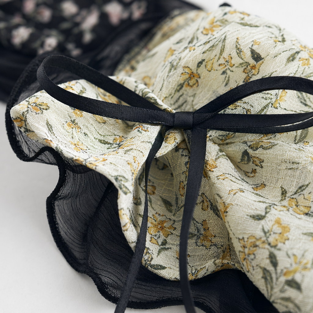 Black floral and beige floral double bow hair accessory with black mesh edge ribbon tail Application Scenario