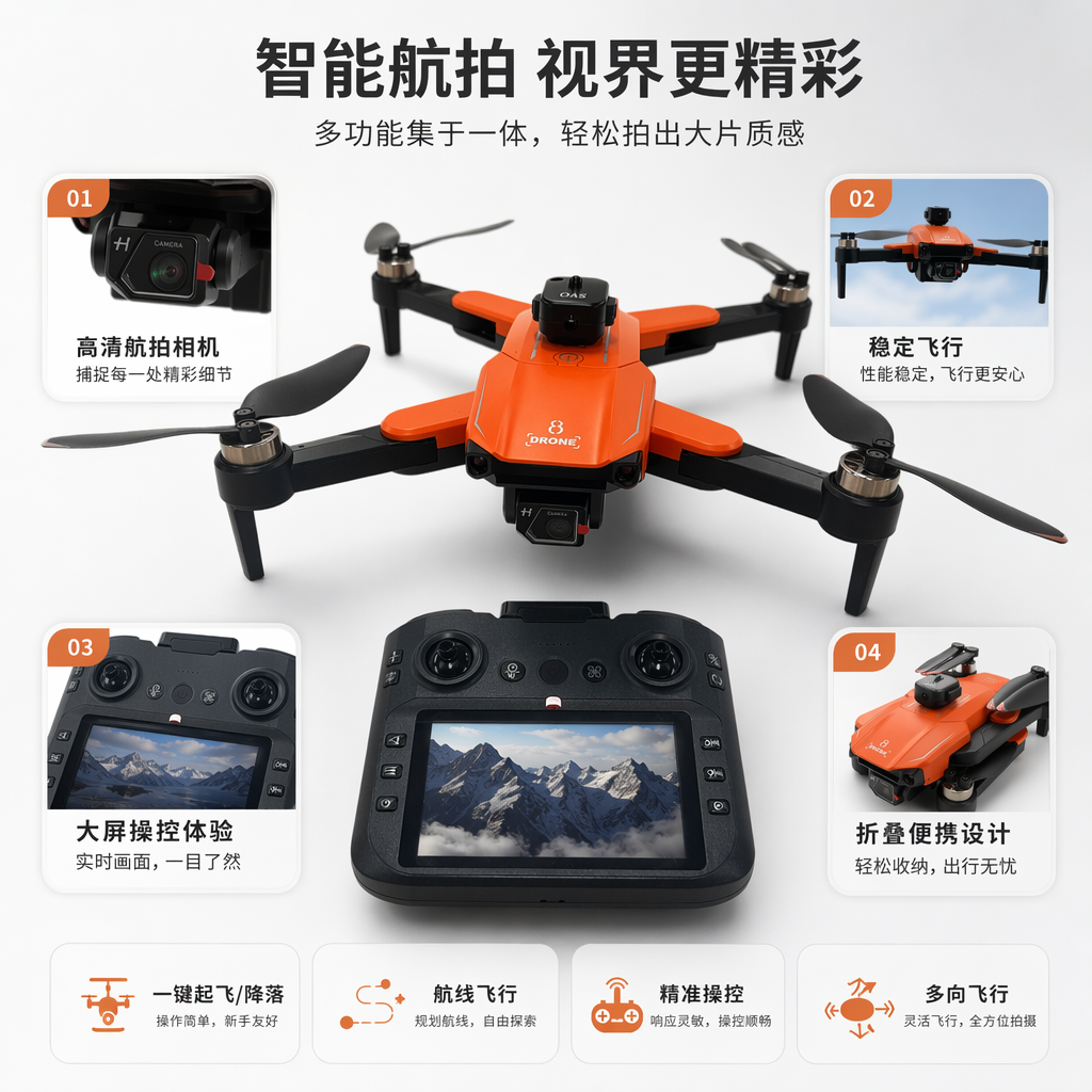 An orange lightweight drone with a black anti-slip remote control for indoor and outdoor flights