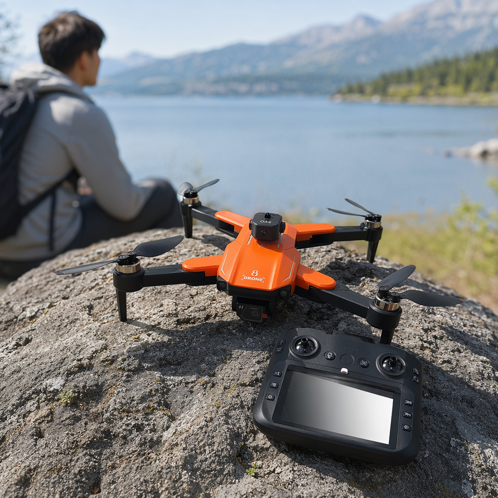 An orange lightweight drone with a black anti-slip remote control for indoor and outdoor flights details Picture