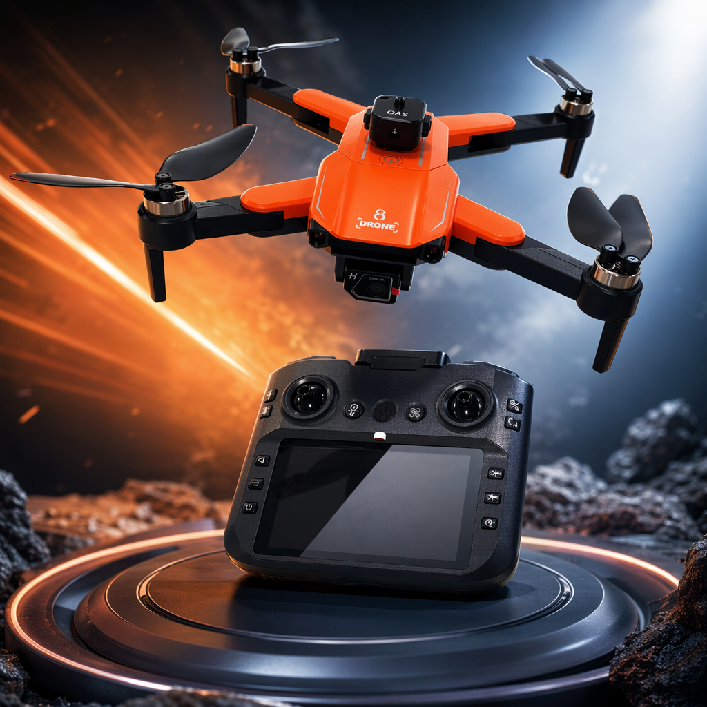 An orange lightweight drone with a black anti-slip remote control for indoor and outdoor flights Specification image