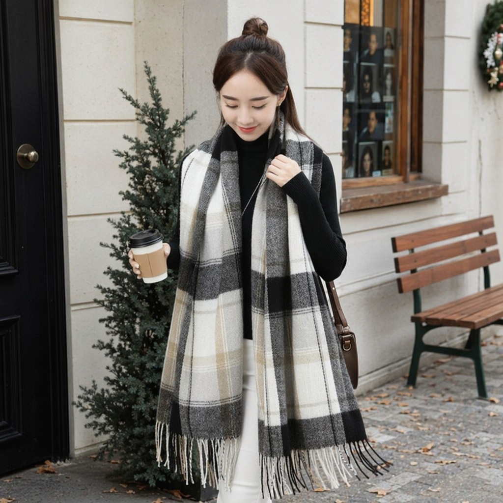 Black and white checkered scarf made of pure cotton for warmth, fashionable and versatile for autumn and winter, suitable for both men and women details Picture
