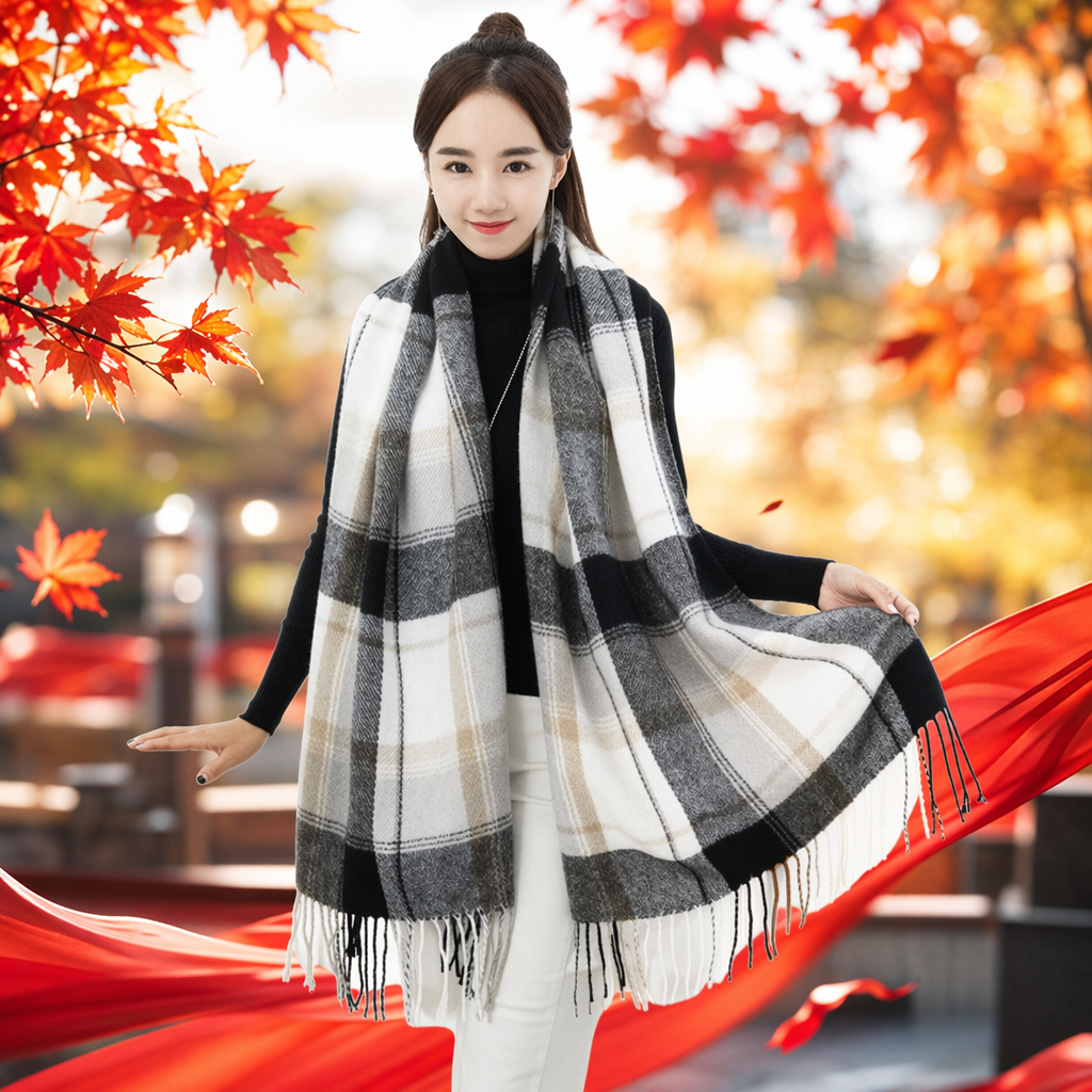 Black and white checkered scarf made of pure cotton for warmth, fashionable and versatile for autumn and winter, suitable for both men and women Specification image