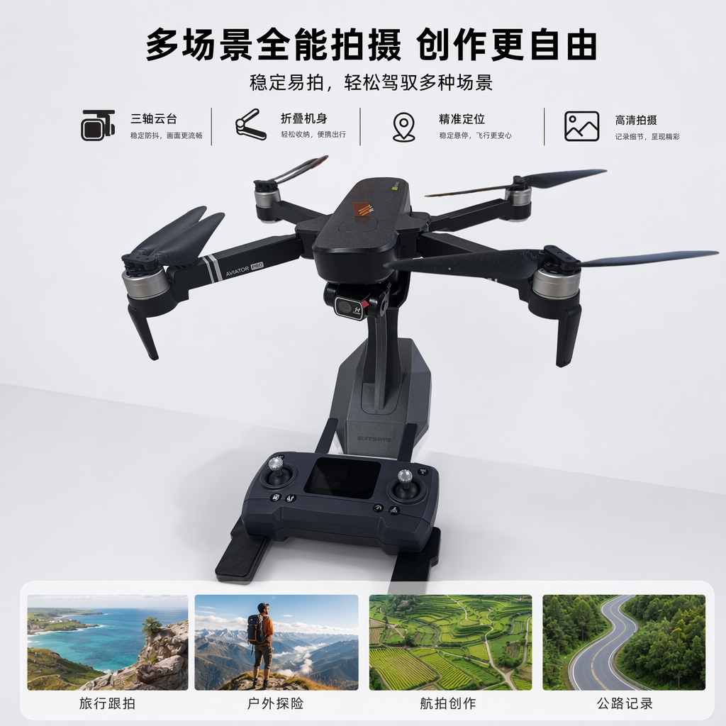 Black drone and remote control aerial photography stabilizer, high-definition camera, foldable and portable