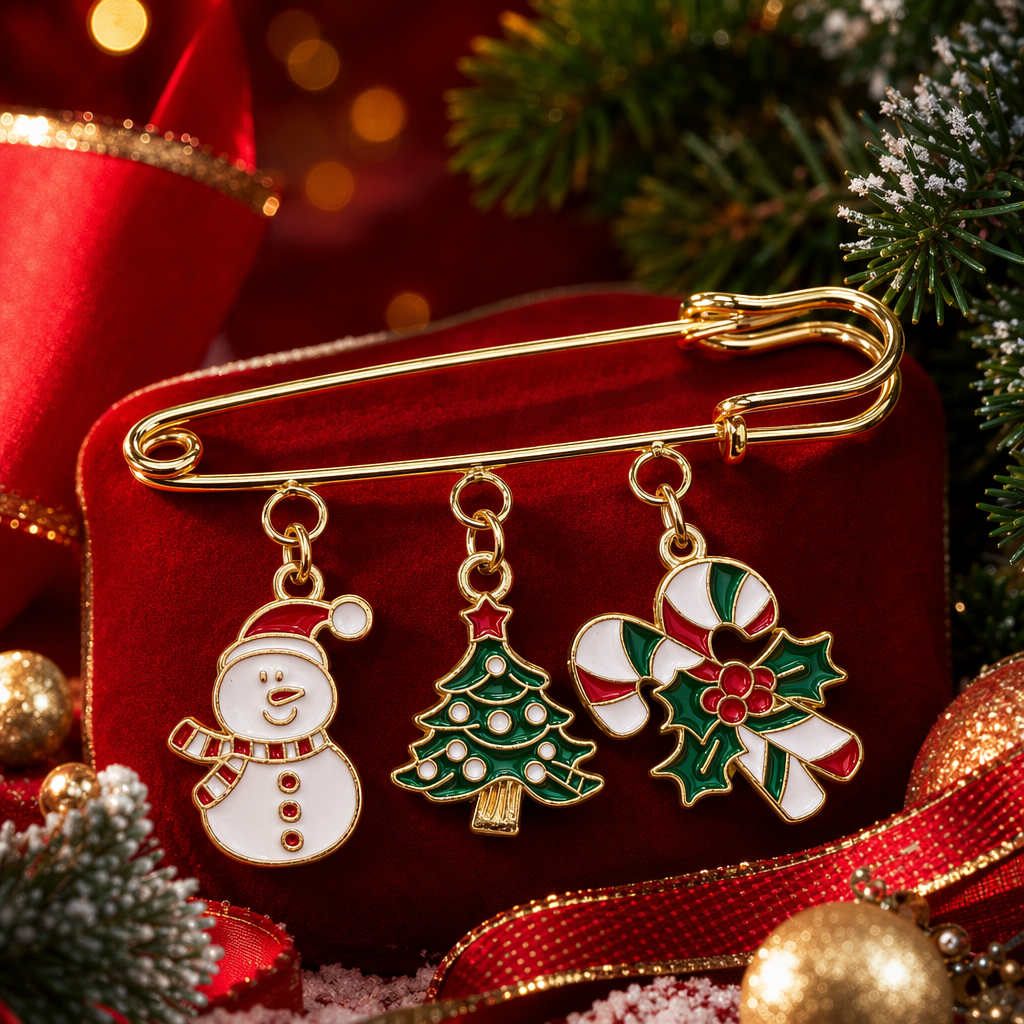 Golden safety pin Christmas-themed pendant accessory, a fashionable holiday accessory Specification image