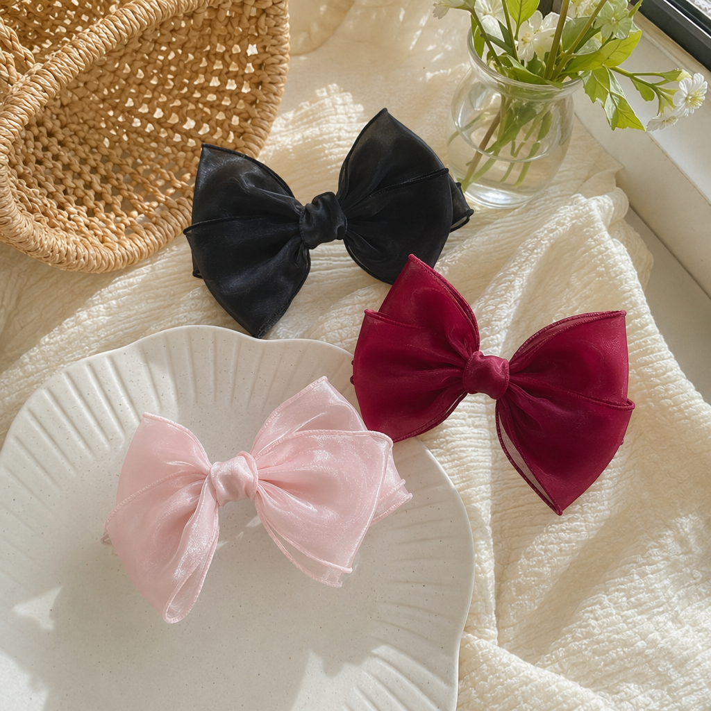 Black, red and pink bow hair accessories for girls, cute and sweet headwear and hair clips details Picture