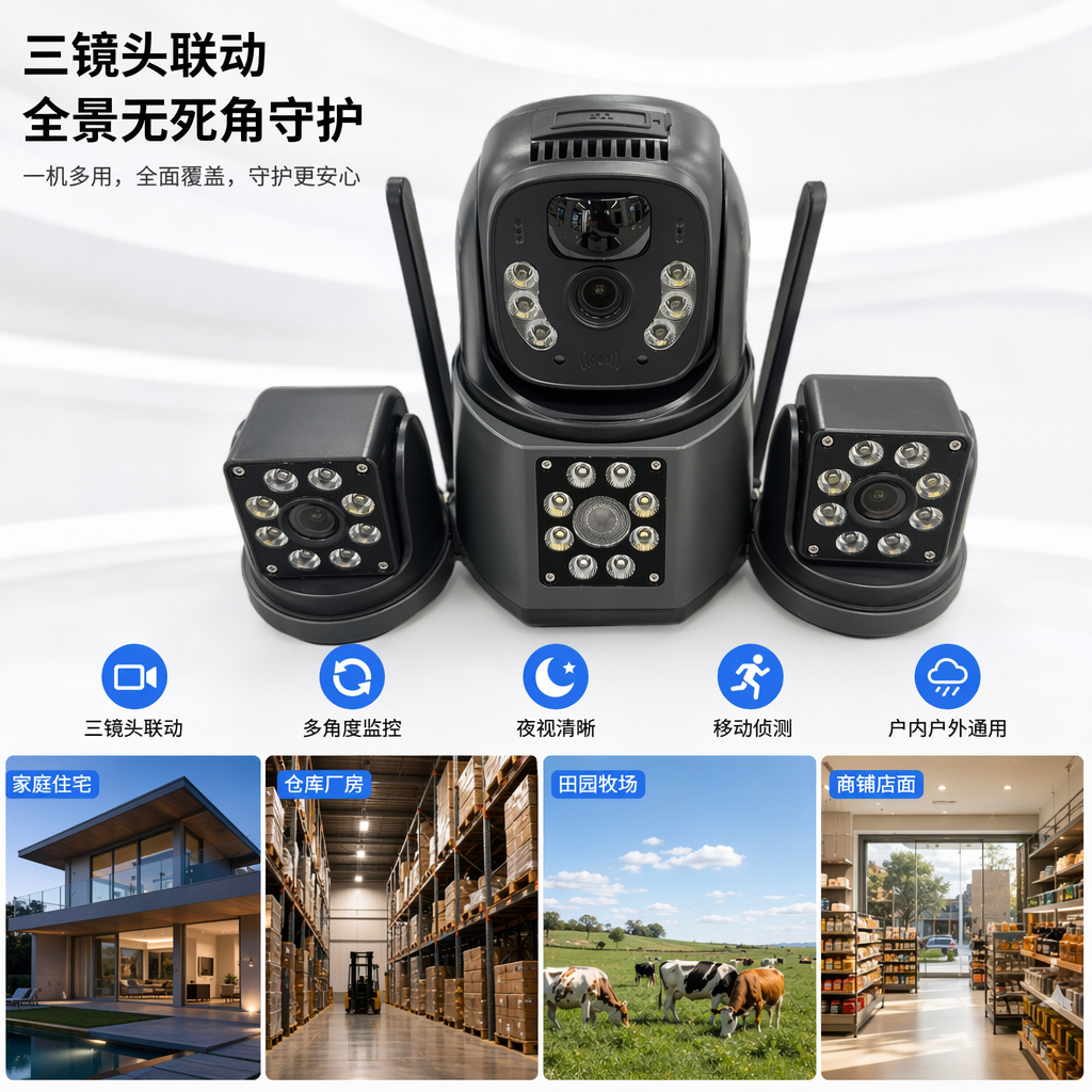 Black multi-lens surveillance camera, high-definition night vision, waterproof, outdoor, for home and commercial use