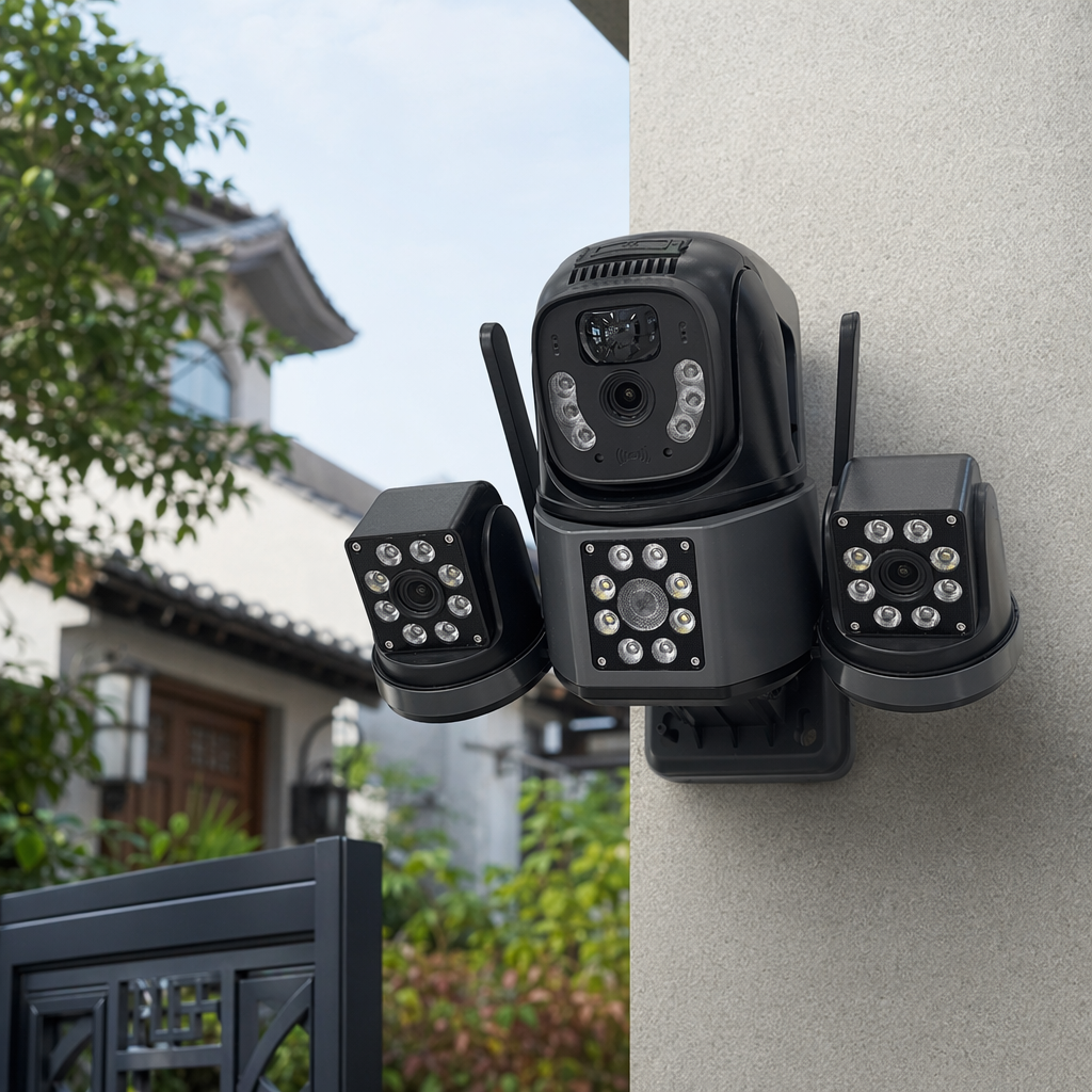 Black multi-lens surveillance camera, high-definition night vision, waterproof, outdoor, for home and commercial use details Picture