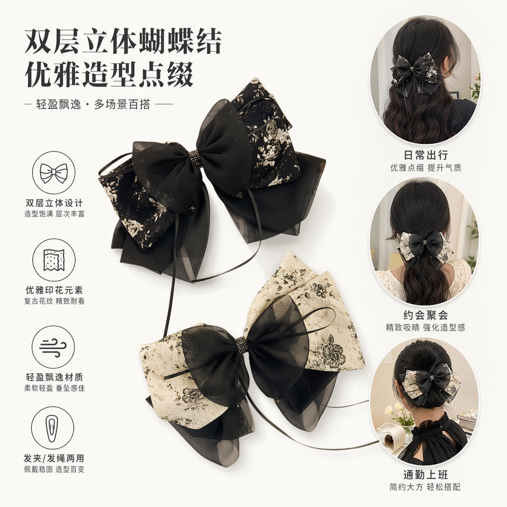 黑色花卉图案蝴蝶结发饰 女士日常甜美系头饰图