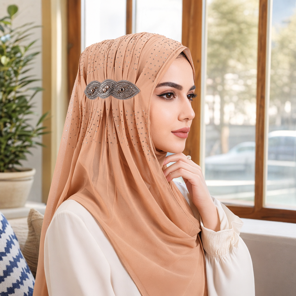 An elegant ladies' accessory set featuring a beige diamond-encrusted headscarf and silver pearl hair accessories details Picture