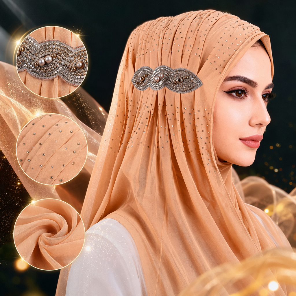 An elegant ladies' accessory set featuring a beige diamond-encrusted headscarf and silver pearl hair accessories Specification image