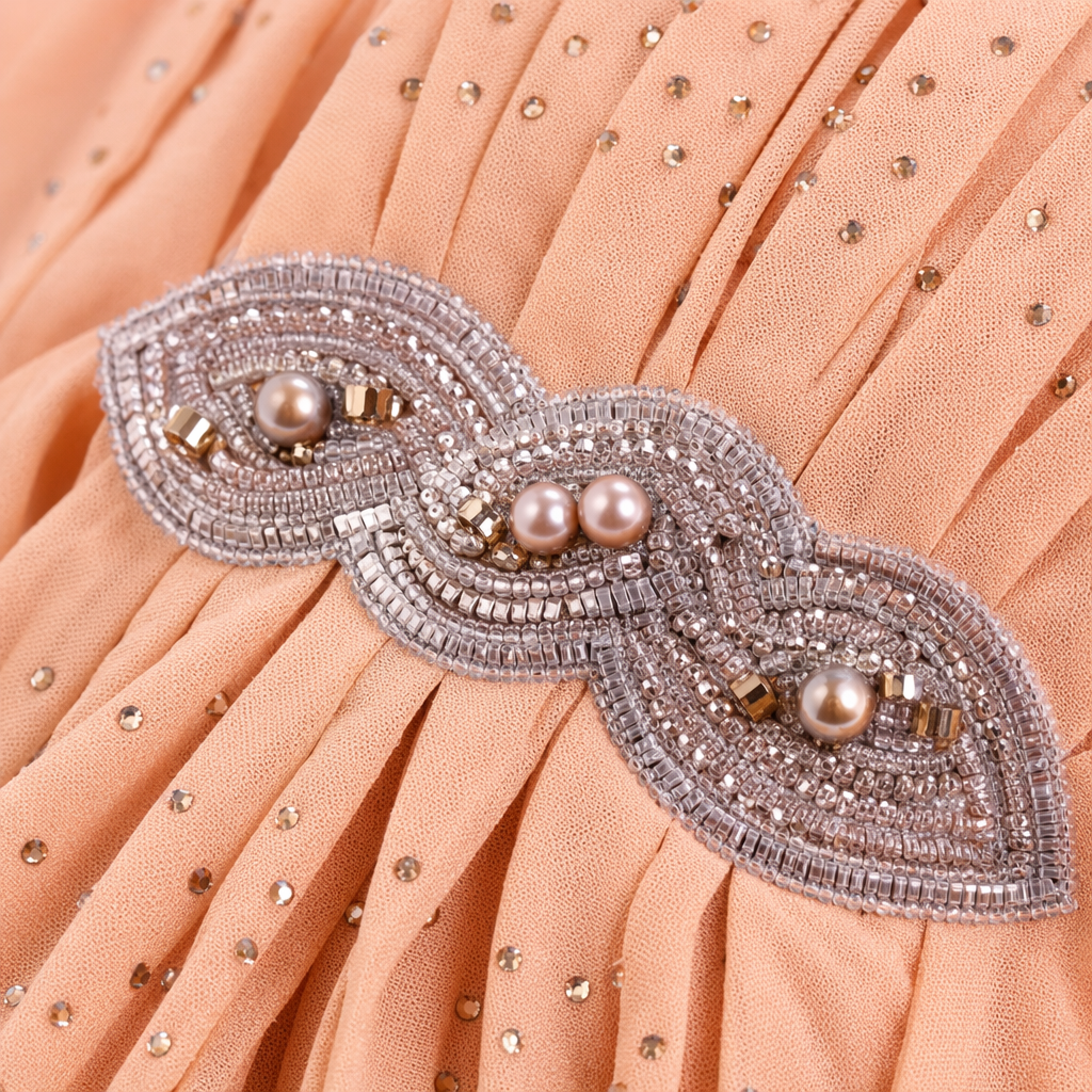 An elegant ladies' accessory set featuring a beige diamond-encrusted headscarf and silver pearl hair accessories Application Scenario