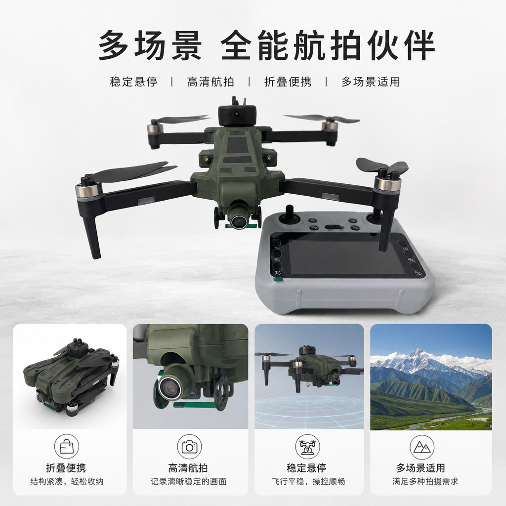 Military green unmanned aerial vehicle (UAV) aerial photography high-definition stabilizer foldable remote control aircraft