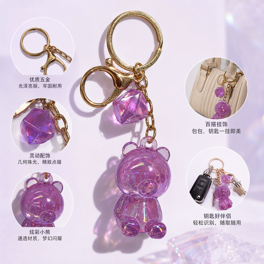 粉色透明小熊造型钥匙扣可爱挂件随身装饰