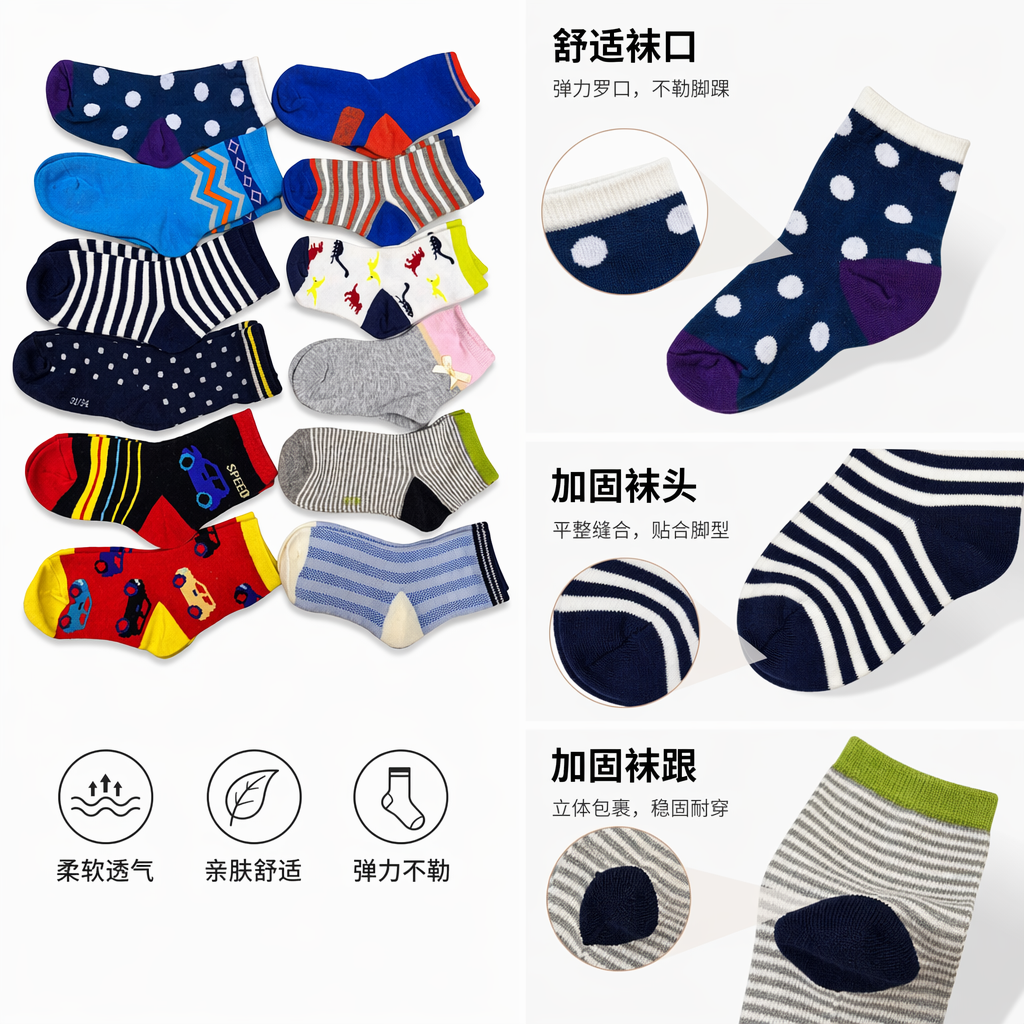 Colorful children's socks, pure cotton, sweat-absorbing, anti-slip, cartoon patterns, available in multiple colors