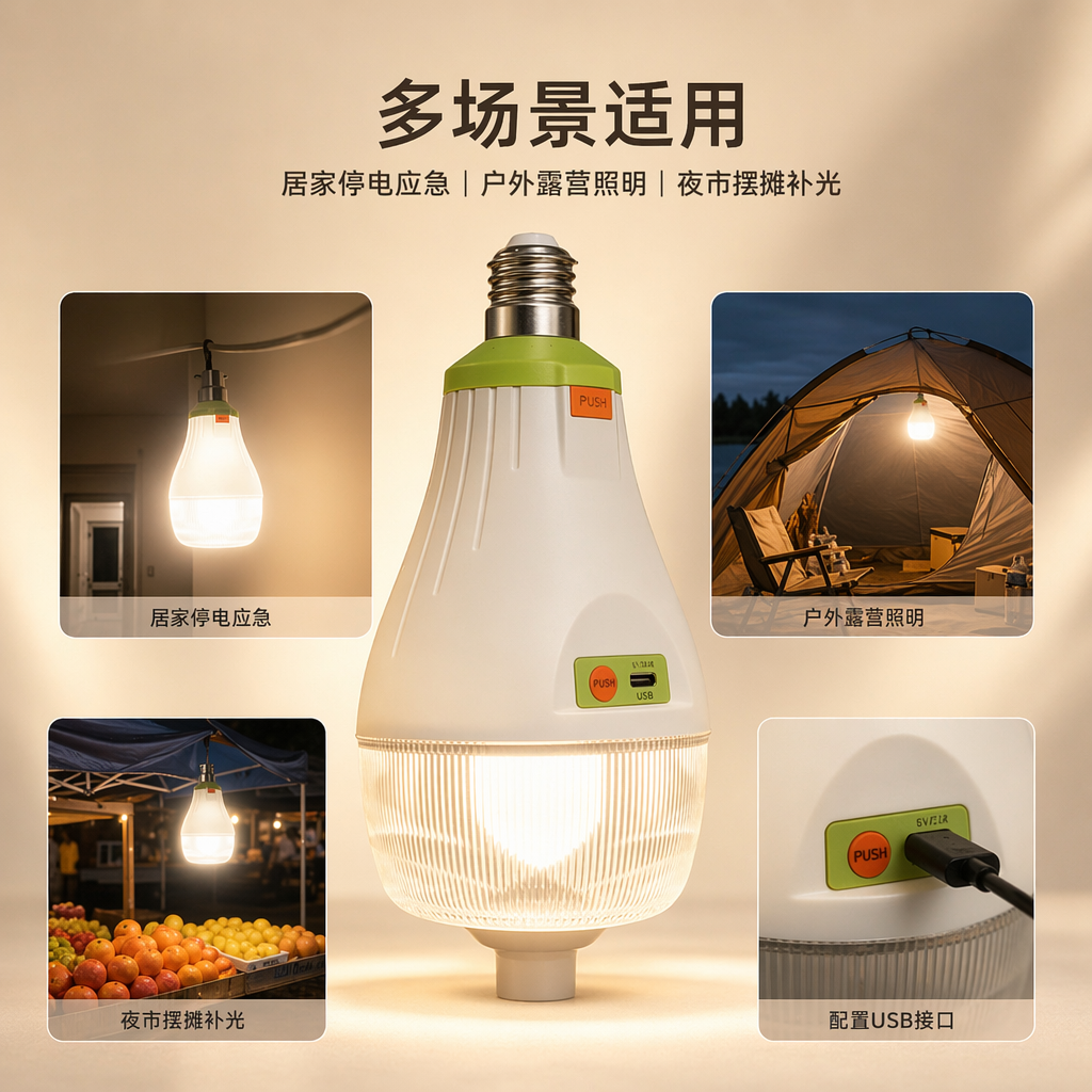 可充电应急灯泡家用停电备用夜市地摊高亮长续航USB充电球泡灯20w