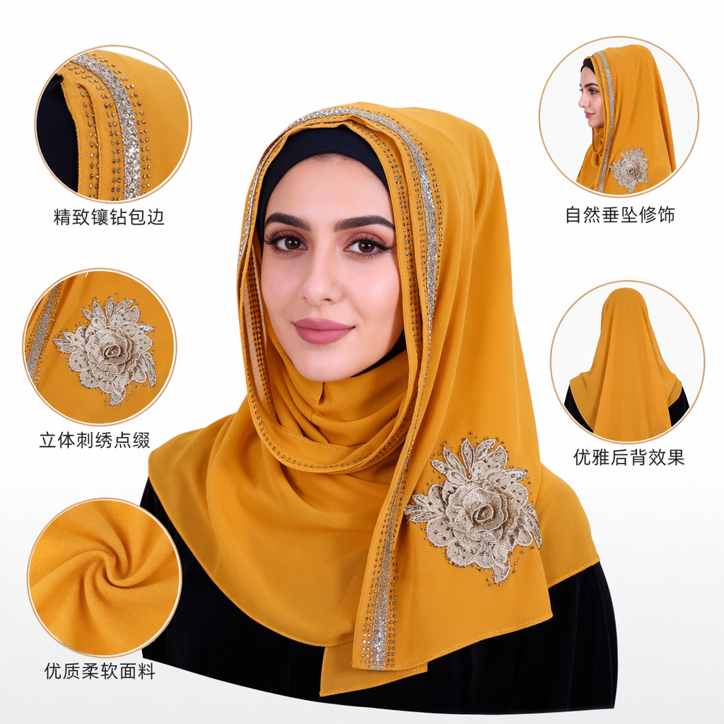 The yellow embroidered headscarf is fashionable and versatile, suitable for wearers