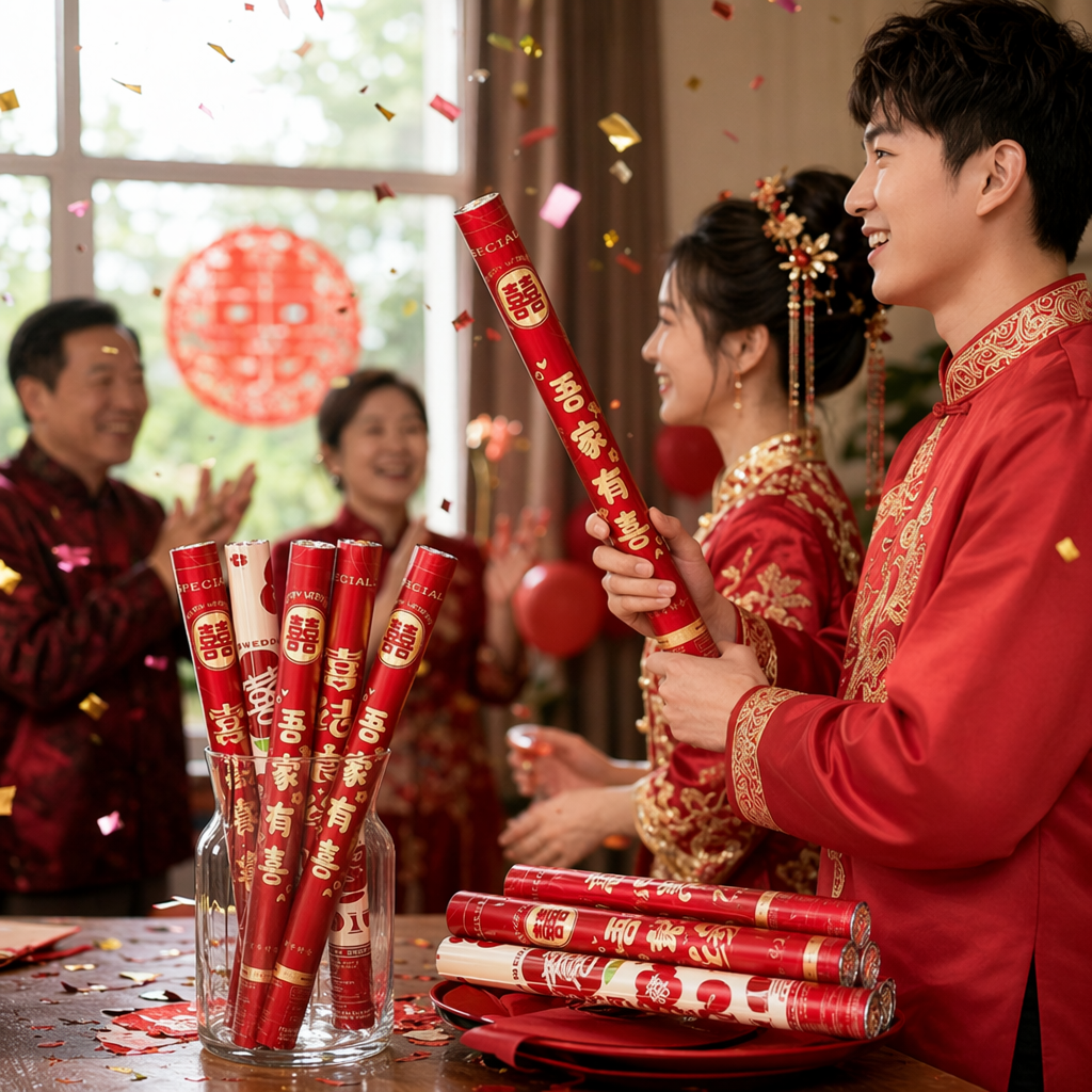 Red wedding firework tubes with the character "double Happiness" are placed upright and diagonally, with the characters "My family is Happy for a Hundred years" details Picture