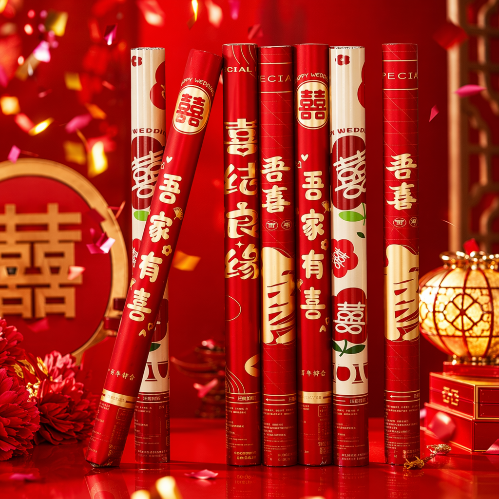 Red wedding firework tubes with the character "double Happiness" are placed upright and diagonally, with the characters "My family is Happy for a Hundred years" Specification image
