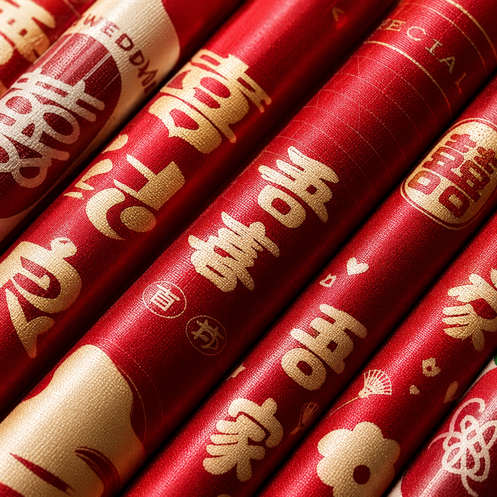 Red wedding firework tubes with the character "double Happiness" are placed upright and diagonally, with the characters "My family is Happy for a Hundred years" Application Scenario