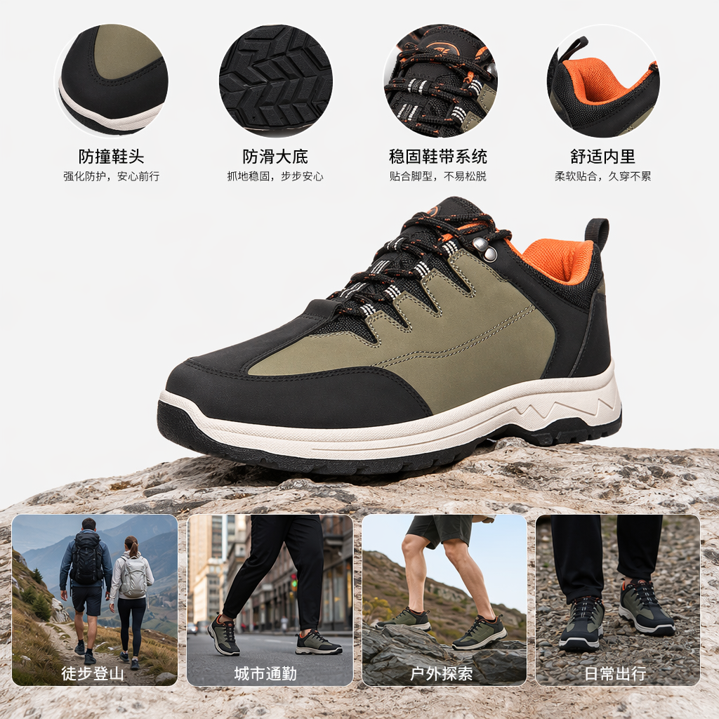 绿色与黑色拼接登山鞋 男女同款防滑耐磨户外徒步鞋