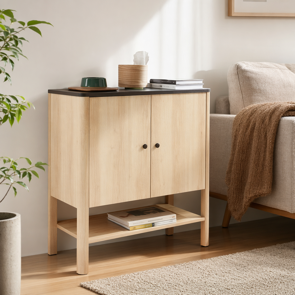 A light wood-colored, simple and modern bedroom wardrobe and a solid wood-style living room storage cabinet details Picture