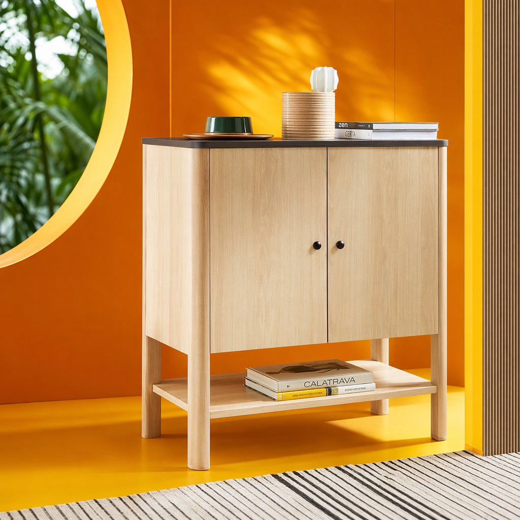 A light wood-colored, simple and modern bedroom wardrobe and a solid wood-style living room storage cabinet Specification image