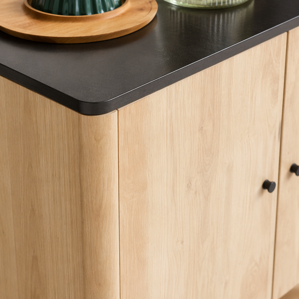 A light wood-colored, simple and modern bedroom wardrobe and a solid wood-style living room storage cabinet Application Scenario