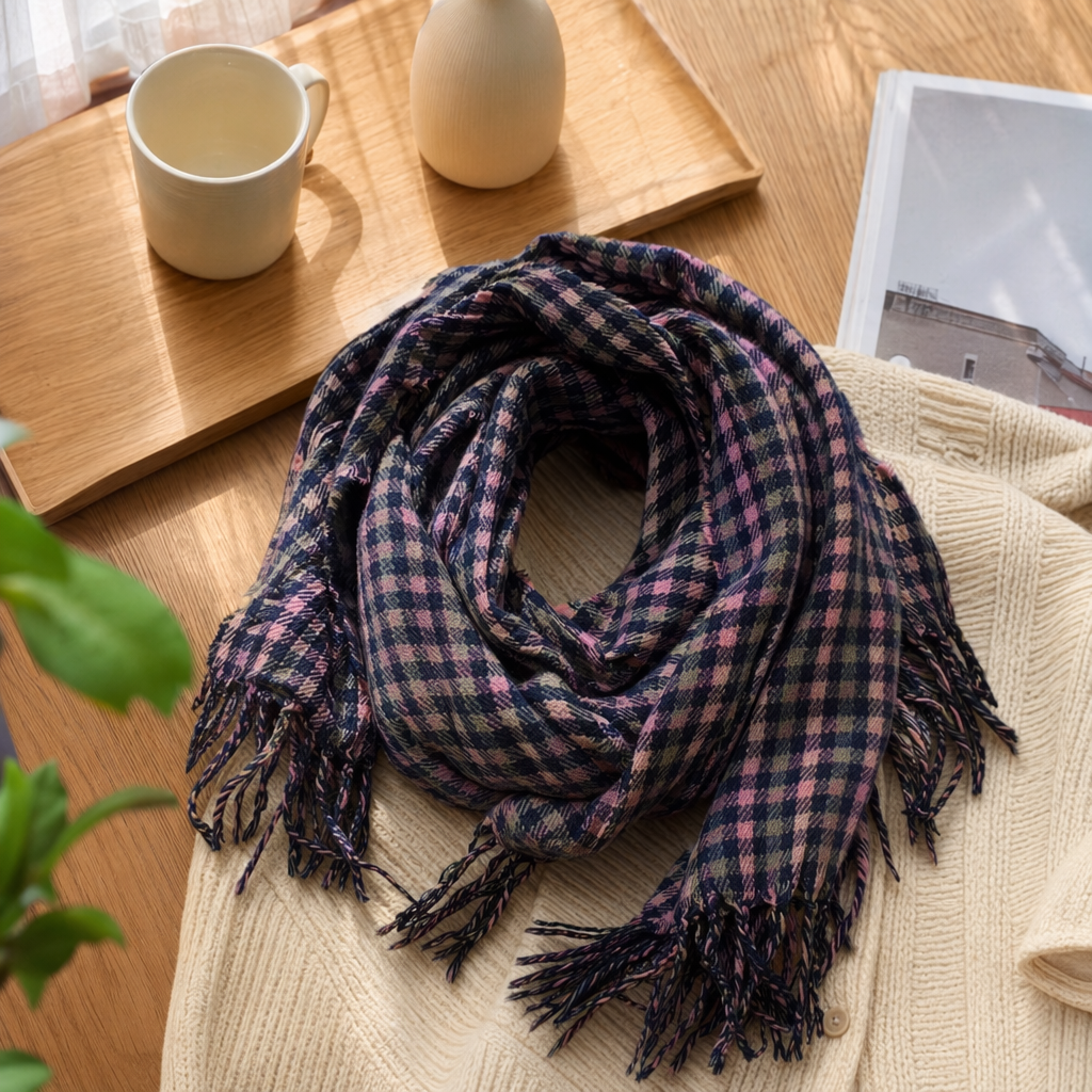 The checkered scarf made of pure cotton keeps you warm and is a fashionable and versatile choice for both men and women in autumn and winter details Picture