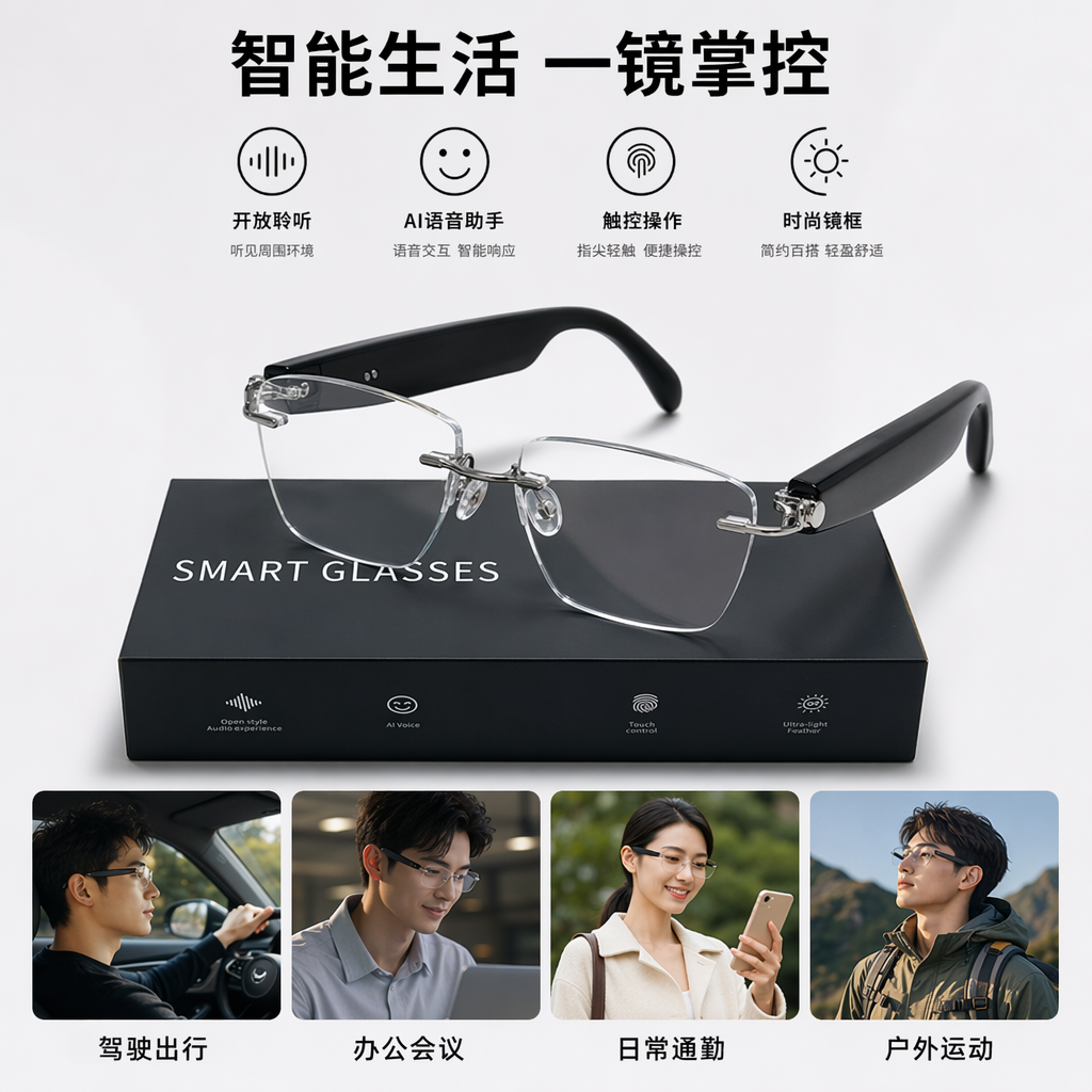 黑色智能眼镜 支持蓝牙通话 时尚科技感轻量化设计