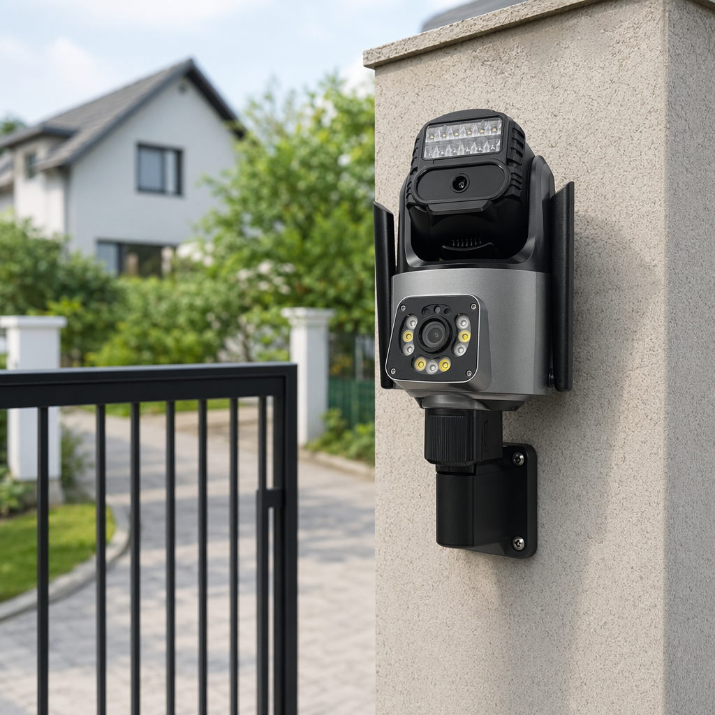 Black dual-lens surveillance camera, 4K ultra-clear wide-angle, metal body, suitable for both indoor and outdoor use details Picture
