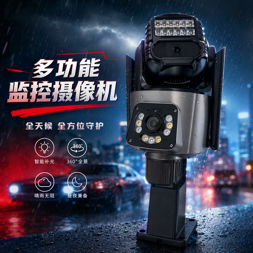 Black dual-lens surveillance camera, 4K ultra-clear wide-angle, metal body, suitable for both indoor and outdoor use Specification image