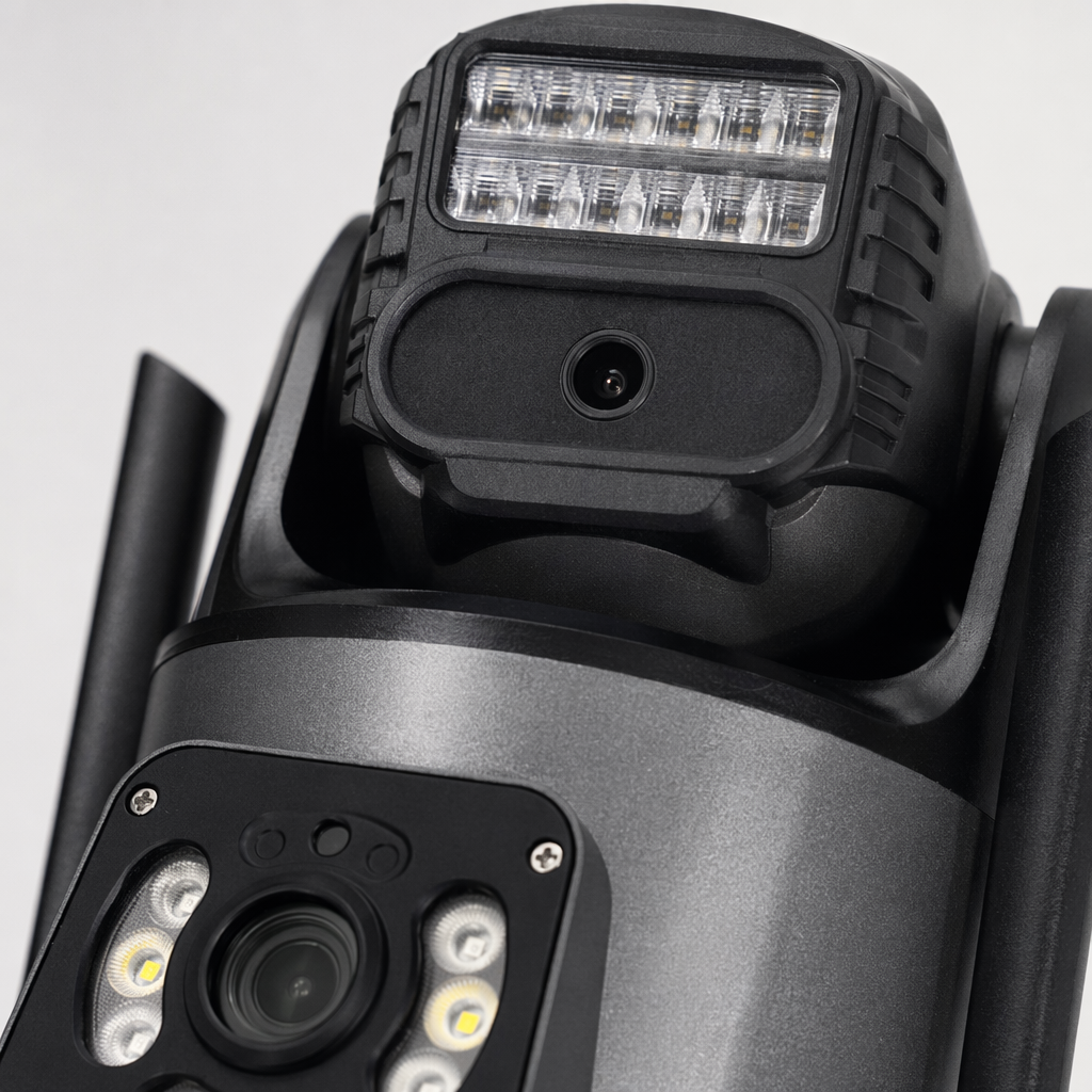 Black dual-lens surveillance camera, 4K ultra-clear wide-angle, metal body, suitable for both indoor and outdoor use Application Scenario