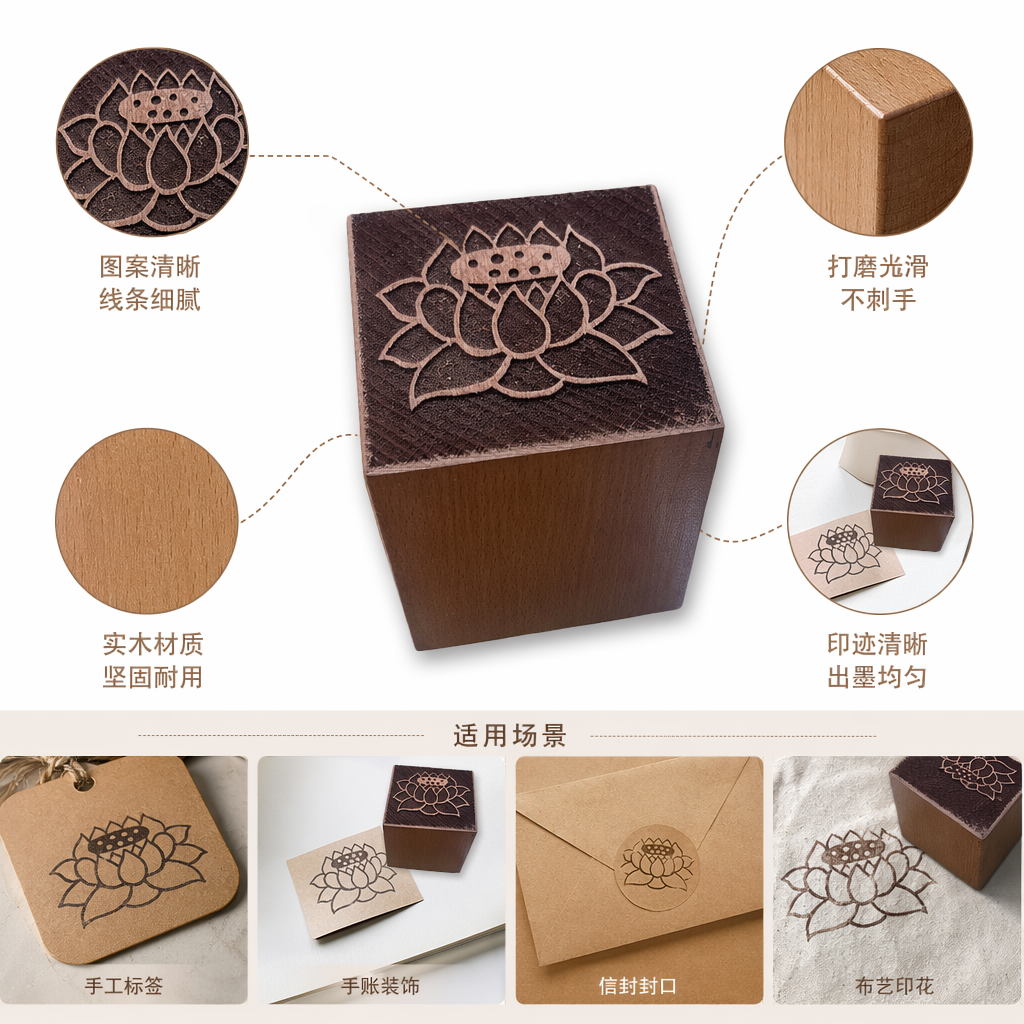 木质莲花印章 手工雕刻 印章石料 天然木纹 莲花图案