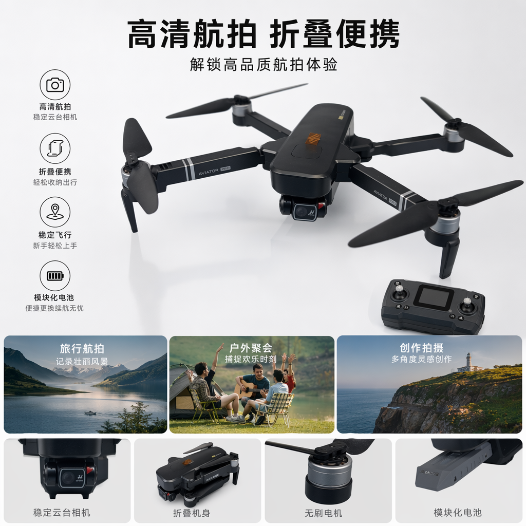 黑色折叠无人机及遥控器 便携航拍稳定器智能遥控