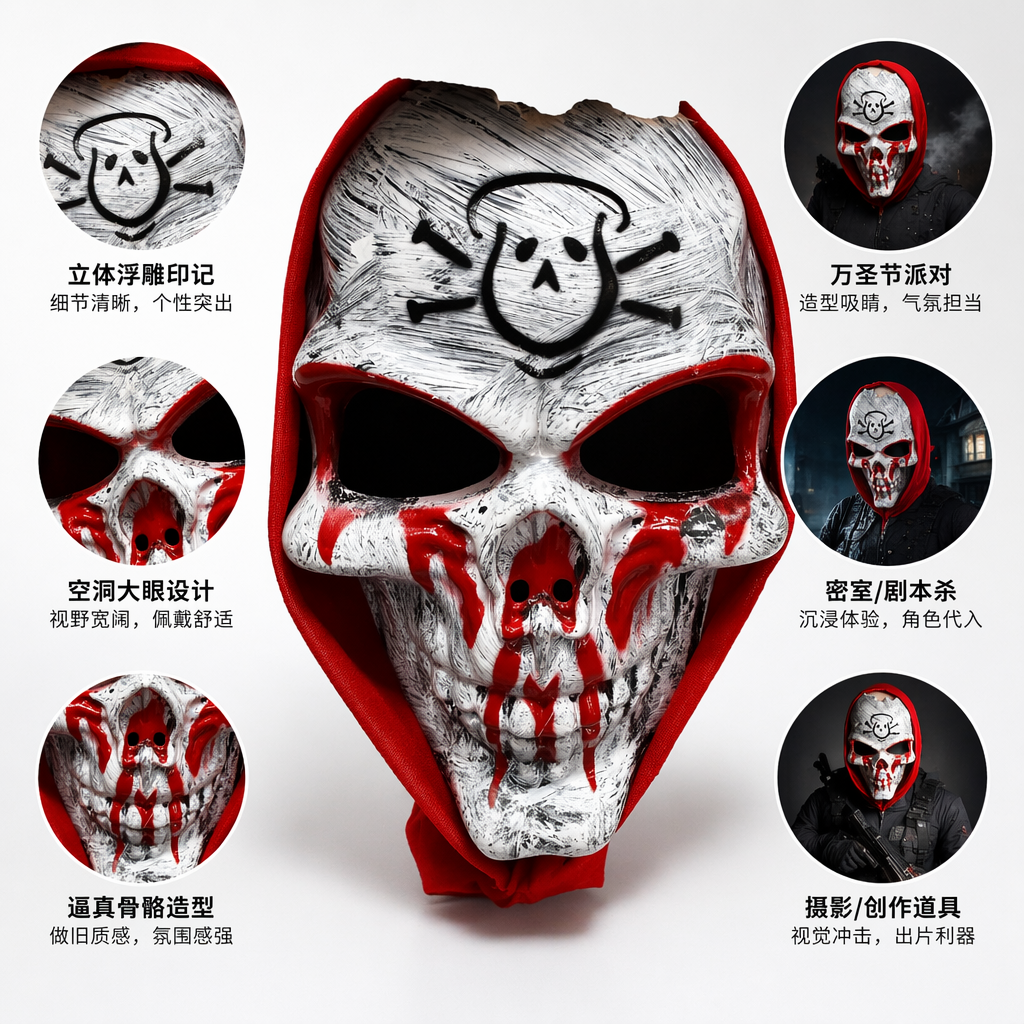 白色骷髅面具 红色边缘 黑色涂鸦红色血迹纹理图