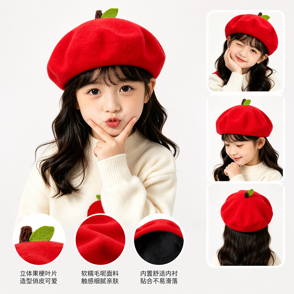 Autumn and winter collection of 16 colors of wool berets available for selection. Red apple-shaped beret for little girls, French classic felt hat