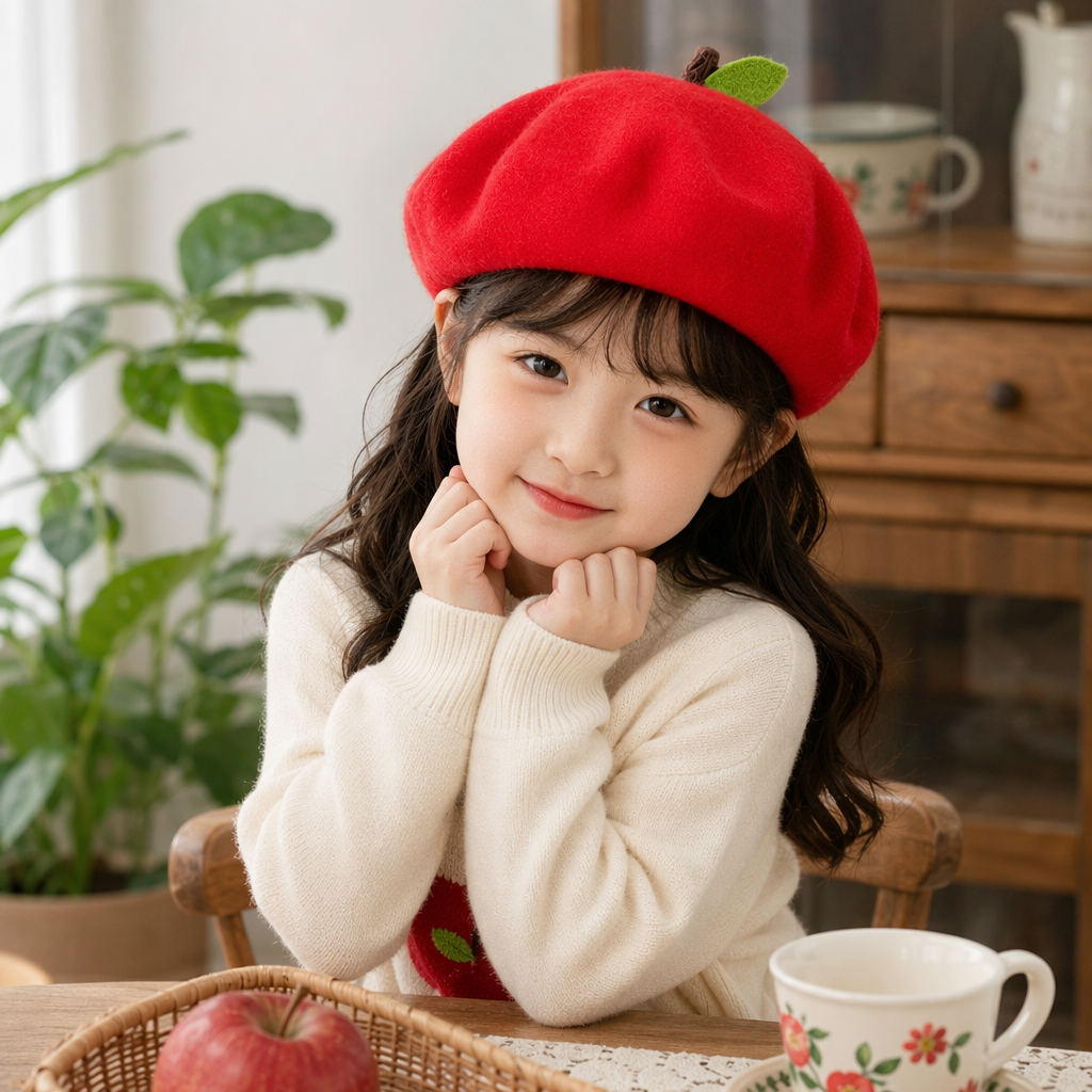 Autumn and winter collection of 16 colors of wool berets available for selection. Red apple-shaped beret for little girls, French classic felt hat details Picture