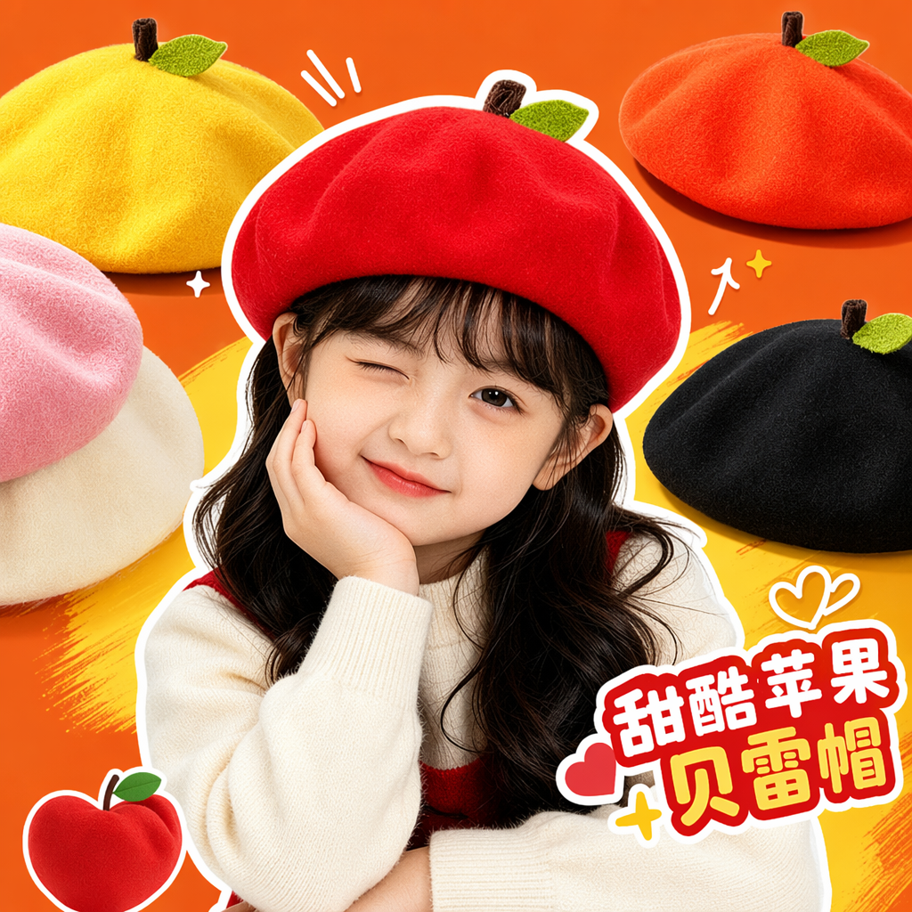 Autumn and winter collection of 16 colors of wool berets available for selection. Red apple-shaped beret for little girls, French classic felt hat Specification image